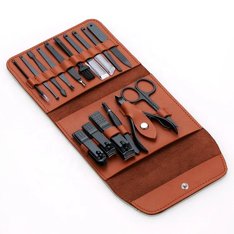 

Wholesale 16 pcs black stainless steel manicure set with PU leather Case