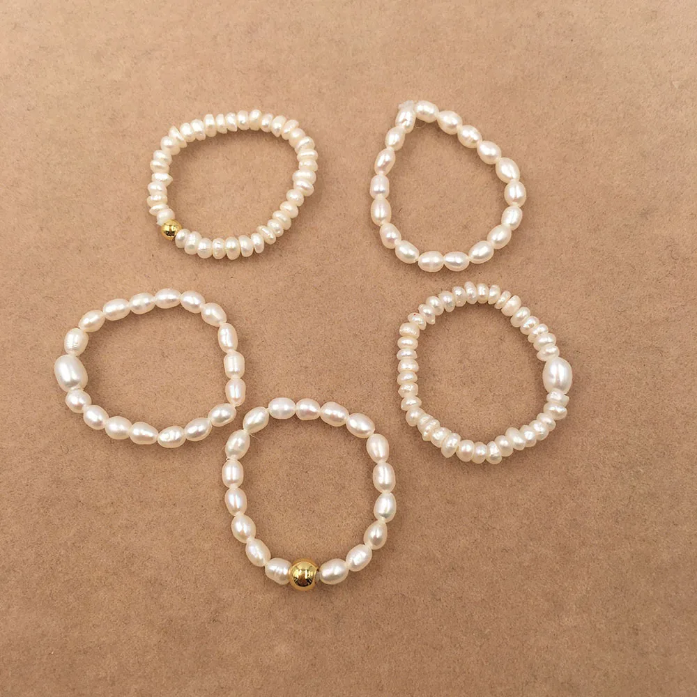 

Multi beaded pearl rings natural freshwater pearl geometric rings for girls handmade natural pearl ring with gold beads, Nature white