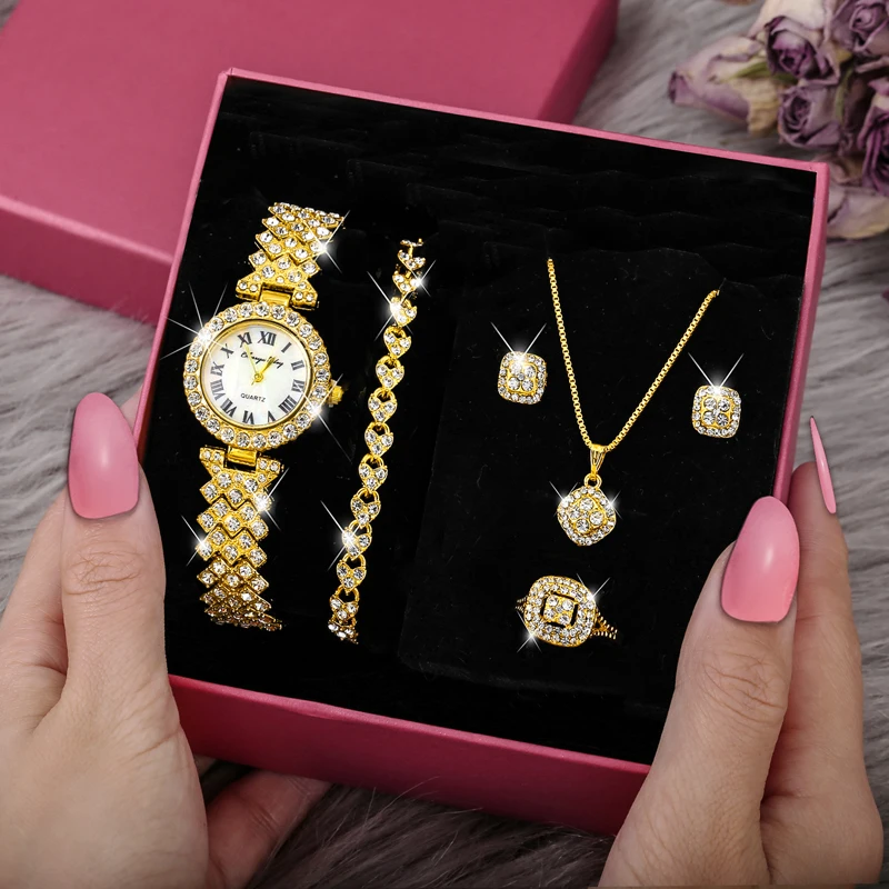 

Fashion Luxury Full Diamond Quartz Watch Set Shiny Crystal Necklace Earrings Set Jewelry for Women