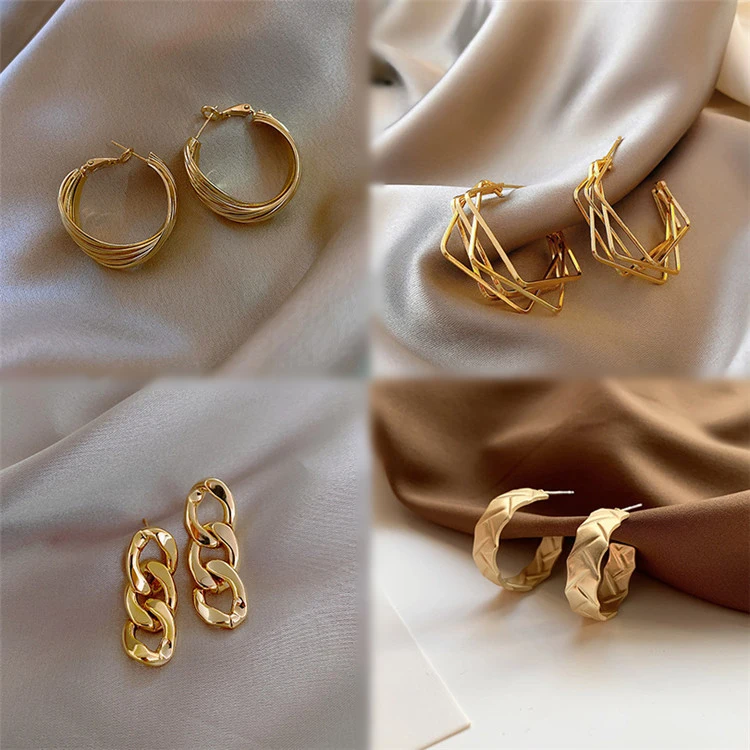 

korean Statement Geometric Matte Frosted Exaggerated Chunky Gold Hoops Earrings For Women