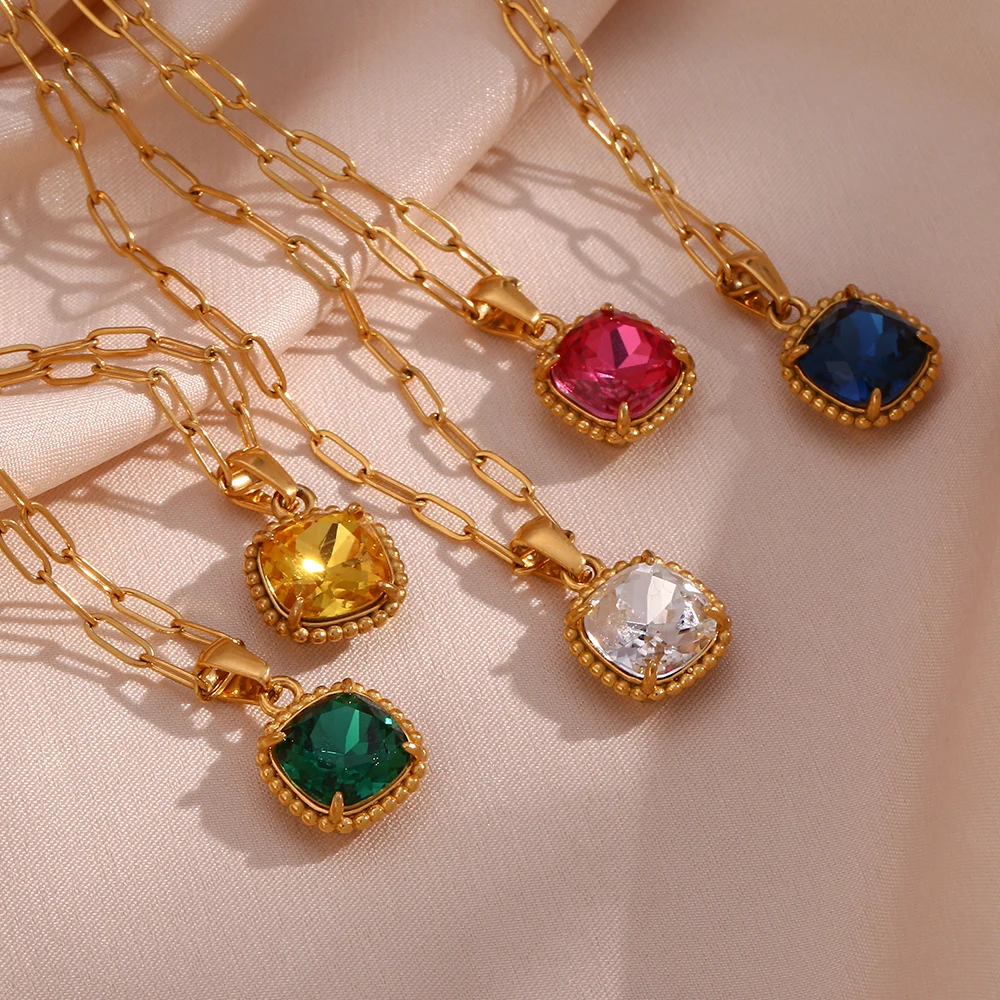 

Colorful Crystal Necklace 18K Gold Plated Stainless Steel Colorful Zircon Square Diamond Necklace for Women