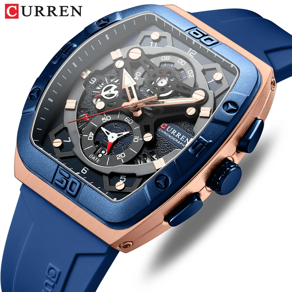 2023 New CURREN 8443 Watch Men Luxury Square Large Dial Man Watches Fashion Hollow Design Chronograph Quartz Wristwatch Men's