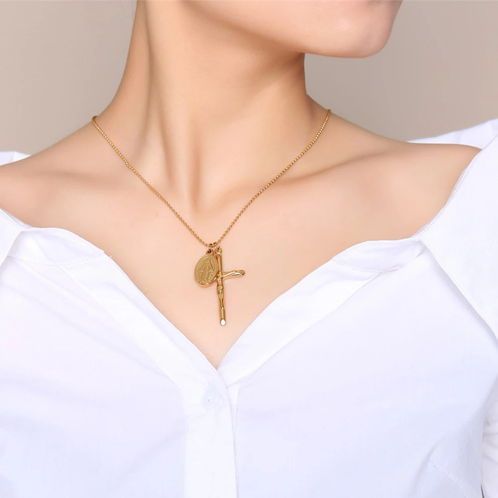 

Wholesale New Trendy Gold Plated Stainless Steel Oval Virgin Mary Cross Gold Charms Pendant Necklace