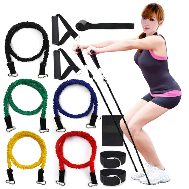 

Home gym fitness pull up training yoga stretch high elastic latex tension rope with nylon sleeve11 piece resistance band set, Black, green, blue, red, yellow