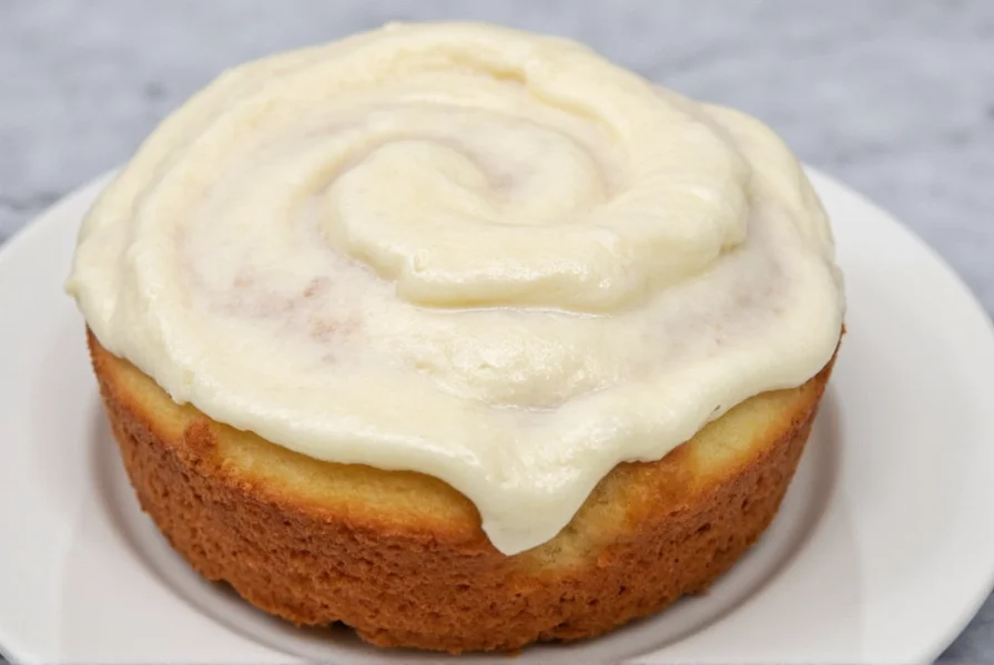 Close-up of creamy white cinnamon roll frosting being spread over golden brown cinnamon rolls with visible swirls