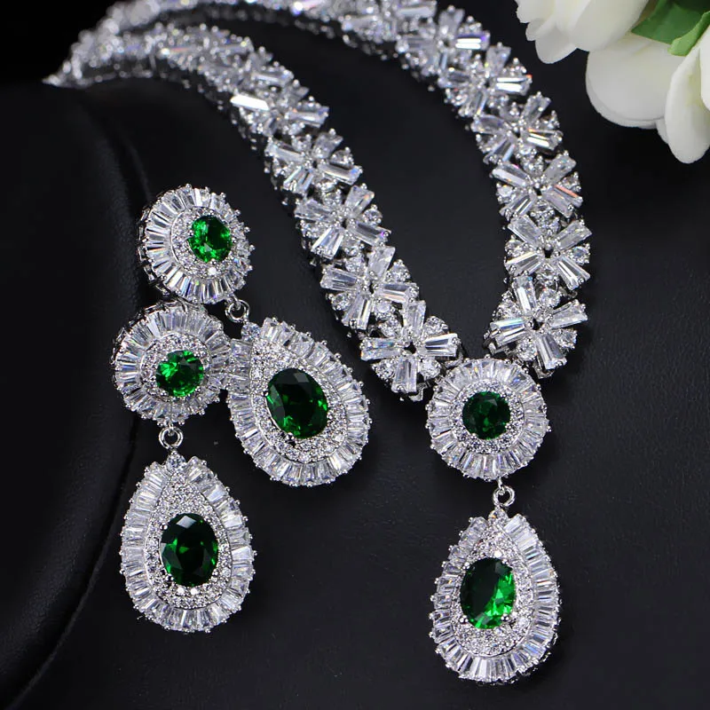 Popular American Style Full Cubic Zircon Inlay Water Drop Shape Pendant Wedding Bridal Jewelry Set for Women Honorable Jewelry
