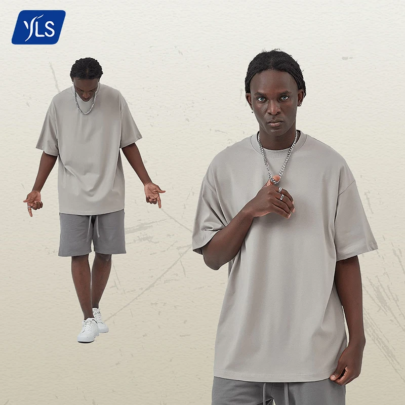 YLS Wholesale Men's 100% Cotton 230 Grams Oversized Drop Shoulder Plain T-Shirt No Label Solid Knitted Blank T-Shirt