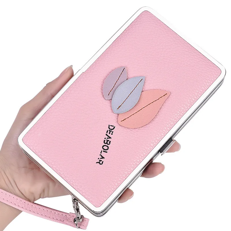 

Girls Women's Buckle Long Two Fold Girls Leaf Cell Phone PU Leather Wallet, As the picture display