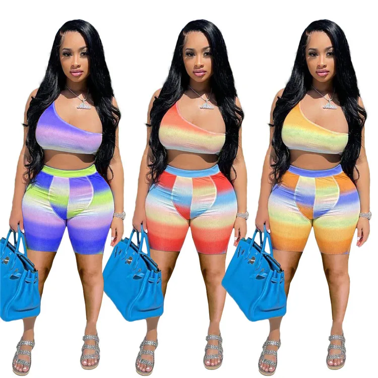 

Women fashion gradual change patchwork stripe print single shoulder backless tops biker ladies short 2 two piece set outfit