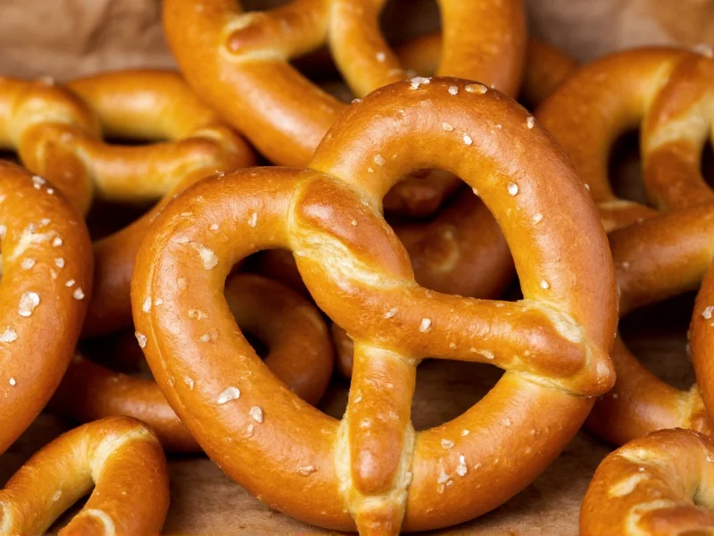 Golden brown pretzels fresh from oven with salt crystals