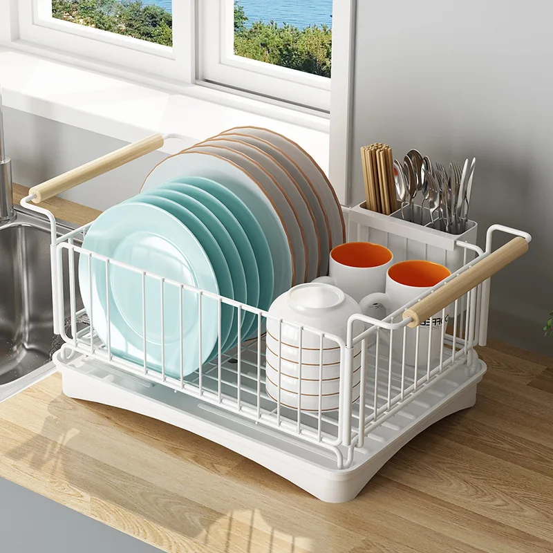 

High Quality Kichen Dish Bowl Organizer Stainless Steel Drain Dish Rack with Wood Handle, Black /white