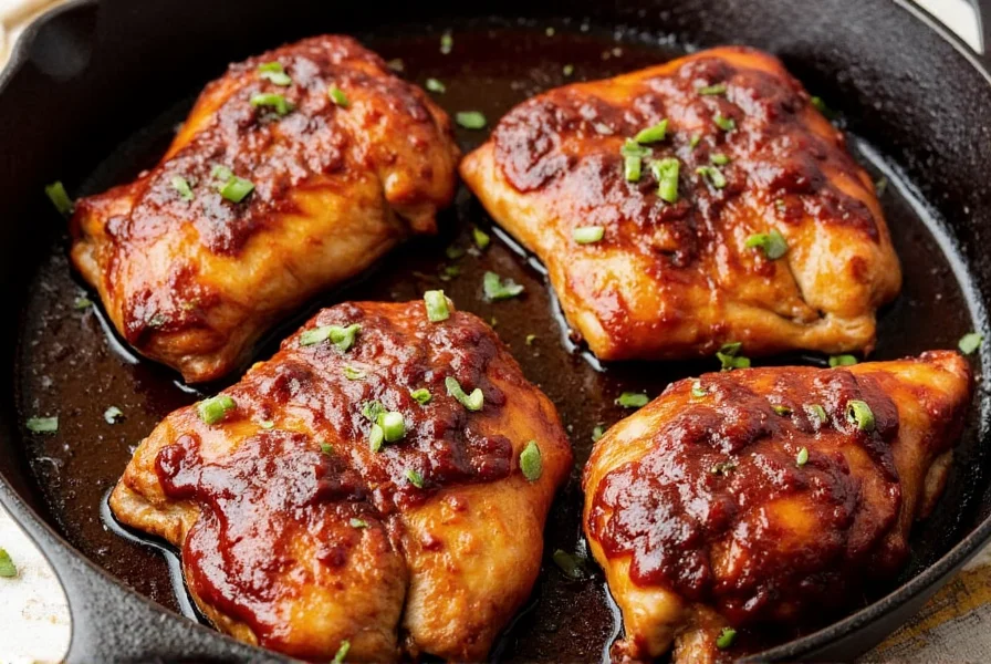 Perfectly glazed Dr Pepper chicken thighs with caramelized sauce on cast iron skillet