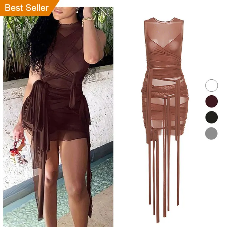 

2021 Popular Solid Sleeveless Basic Female Outfits Women Sheer Bandage Sexy Clubwear Mini Dress Mesh Bodycon Party Dresses