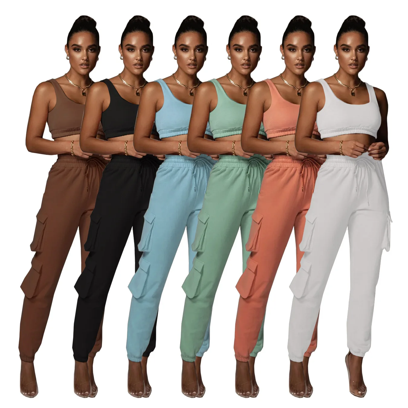 

Casual trendy work out outfit ladies fancy outfits wholesale woman tank tops and pockets trousers, As the picture