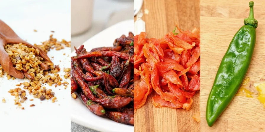 Dried chiles hanging on a rack in a rustic kitchen