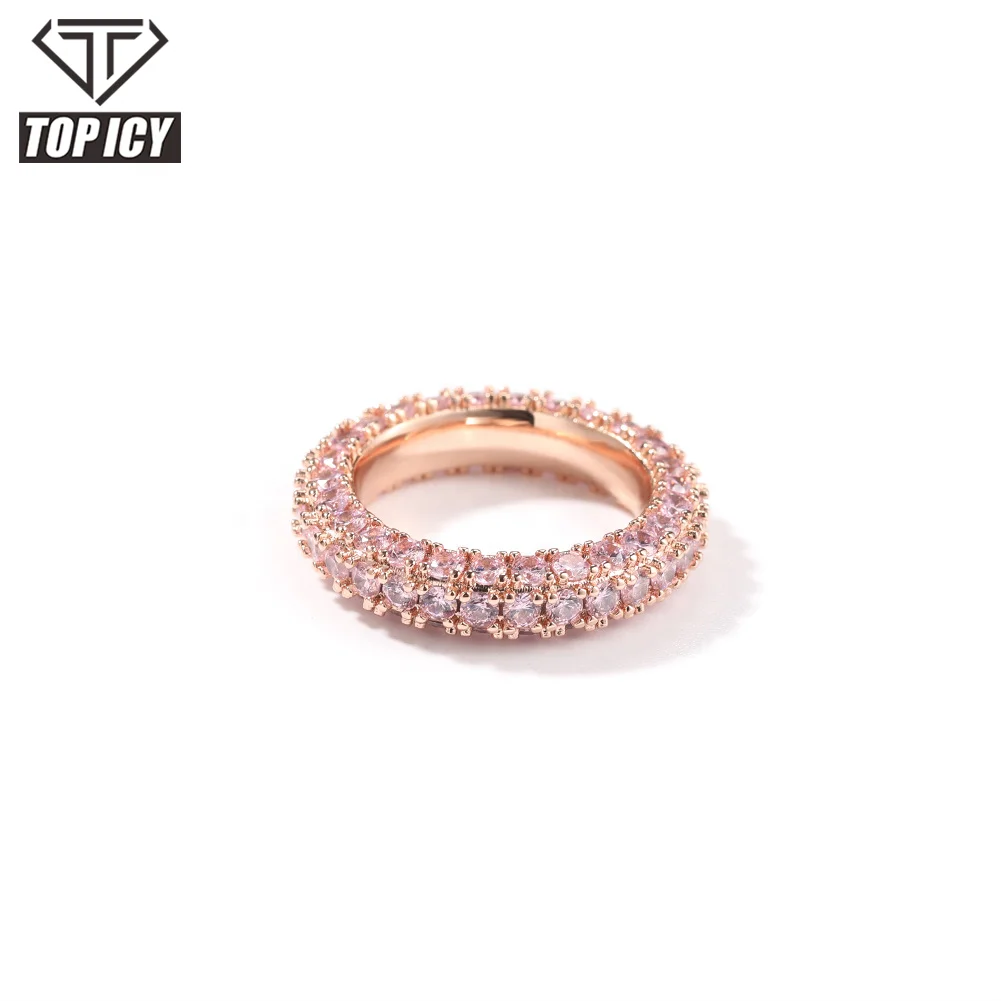 

Luxury Rings 3 Rows AAA Zircon Diamond Rings 18k Gold Plated Hip Hop Gold Rings, Gold, silver, pink