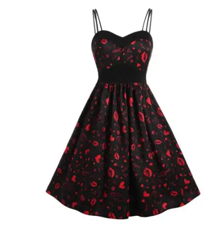 

Lips Print Sweetheart Neck Vintage Dress Sleeveless Vestido Feminino Summer Dresses Vestidos De Festa 2019 Hot Sales, Pictures