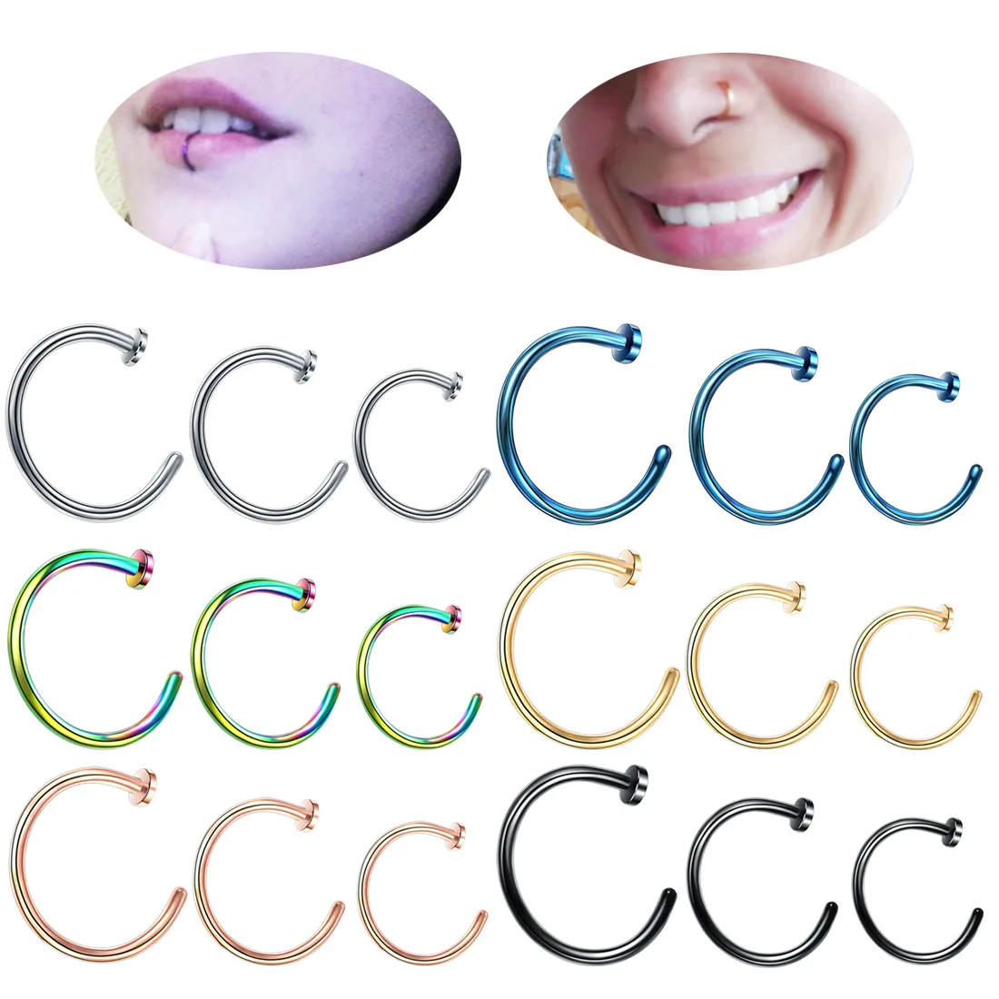 

Small Thin 316L Surgical Steel Nose Lip Open Hoop Ring C Type Hoop Piercing Stud Body 6 Colors 6mm 8mm 10mm Piercing Jewelry