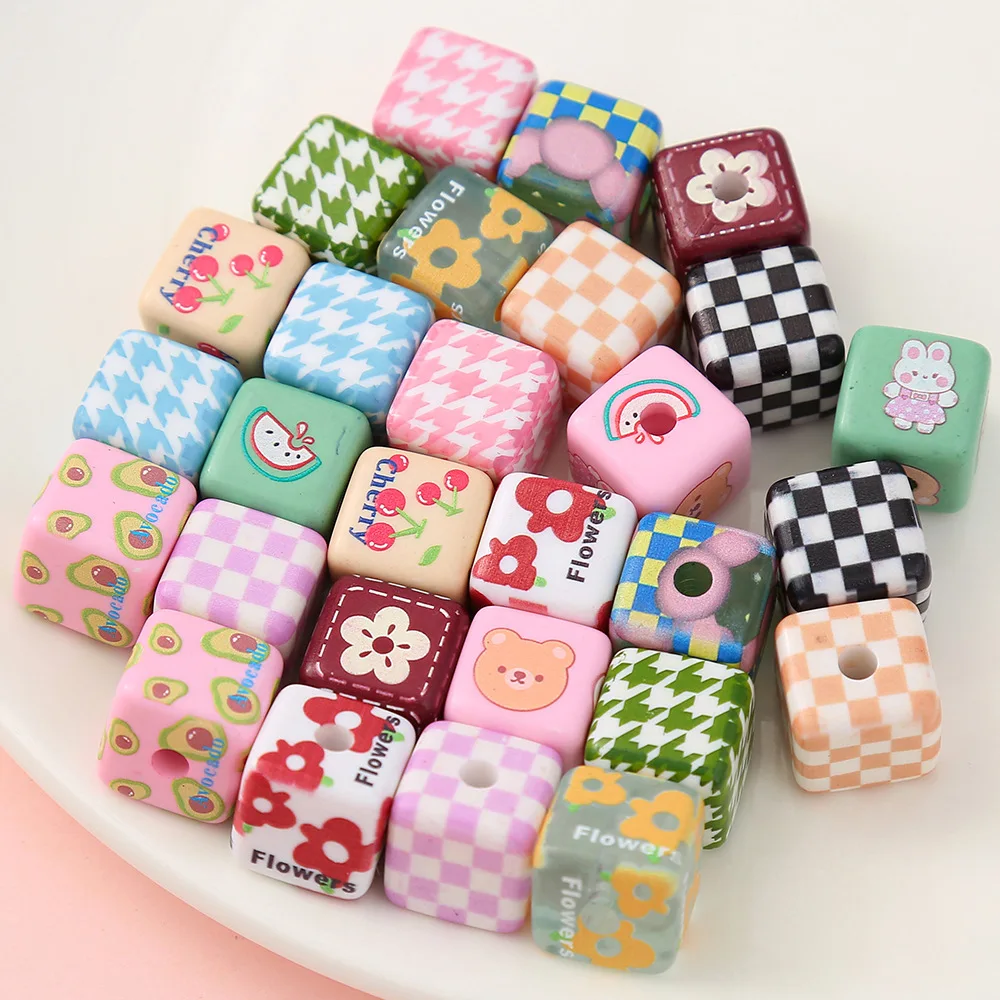 16mm Fashion Acrylic Cartoon Printing Square Beads Bear Beads Bracelet DIY Material Accessories Wholesale