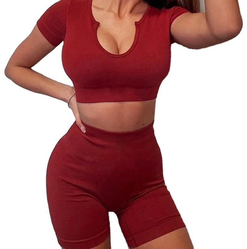 

Yoga pit strip suit sexy tight T-shirt seamless fitness ladies jogging two-piece short suit
