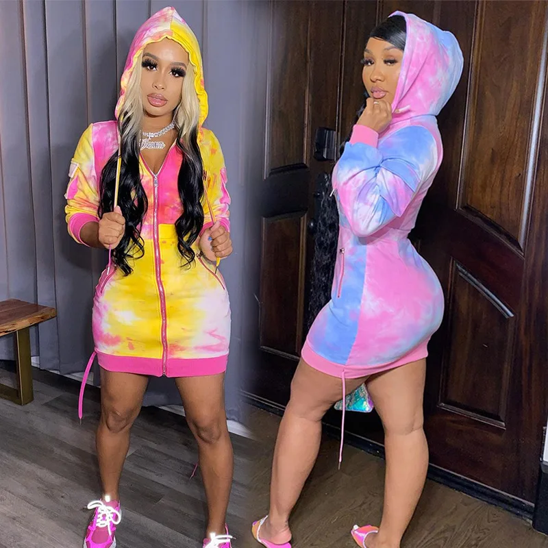 

Autumn Tie Dye Print Hooded Zipper Women Dress Casual Streetwear Hoodies Sweatshirt Dress Long Sleeve Hoodie Dress, Pink , yellow