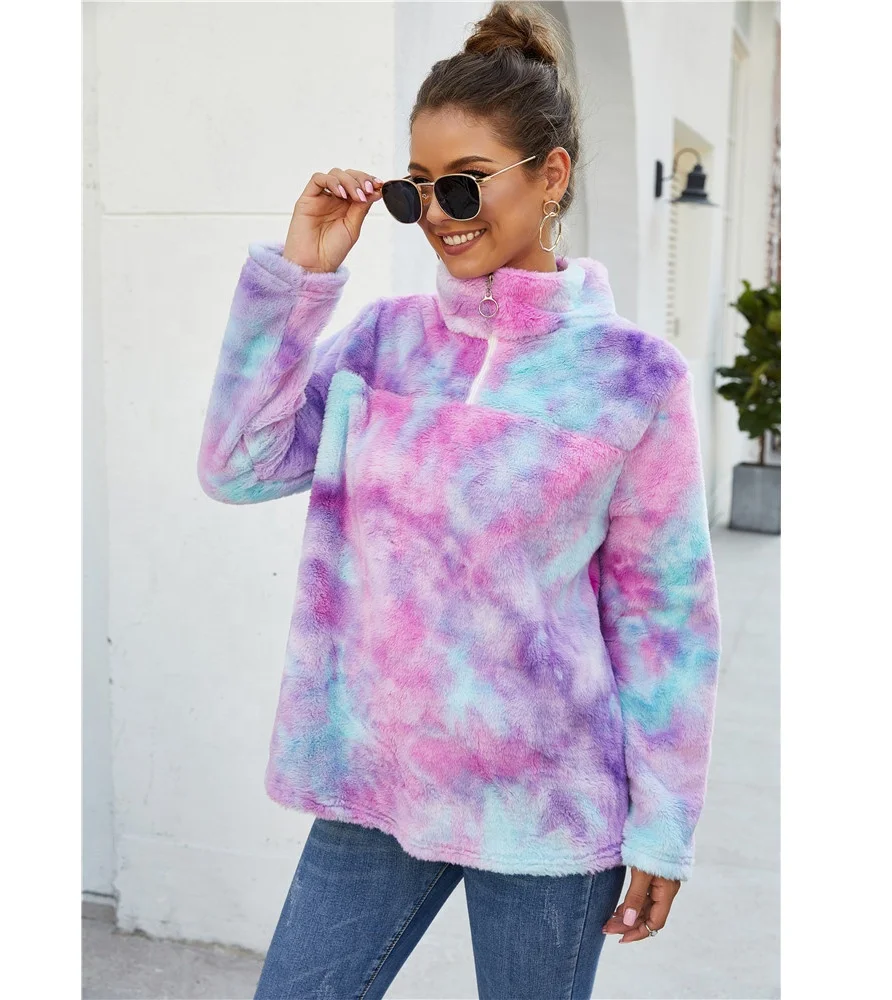 

Wholesale Monogram Sherpa fleece Print zip Tie Dyed Sherpa Women Pullover