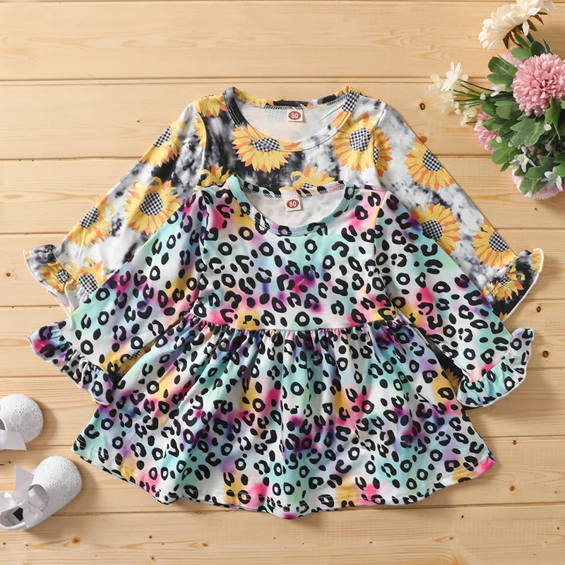 

Baby Sunflower Tie Dyed Dress Flare Sleeve Leopard girl birthday dress M153