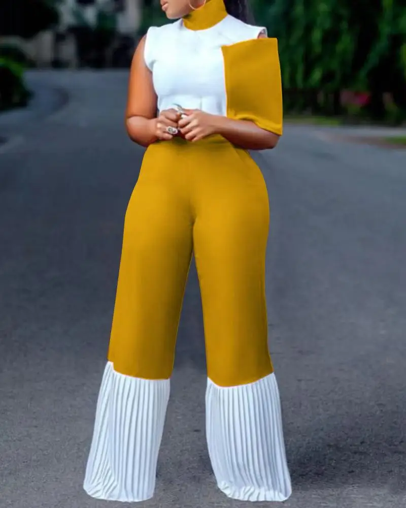 

European ladies wide leg pants plus size contrast color jumpsuit, As picture