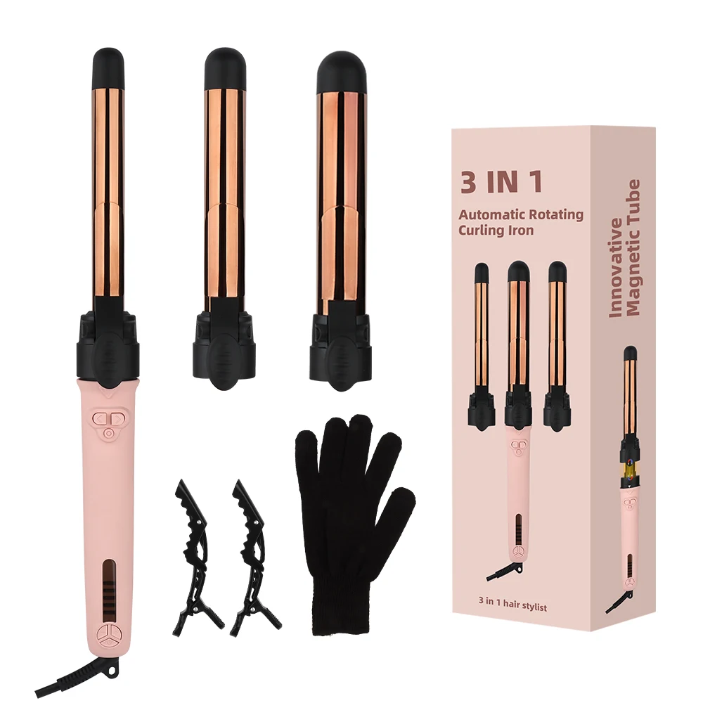 Custom Logo Hair Styler Tool Auto Curling Iron 3 in 1 Titanium Barre Automatic Rotating Wave Hair Curler Set