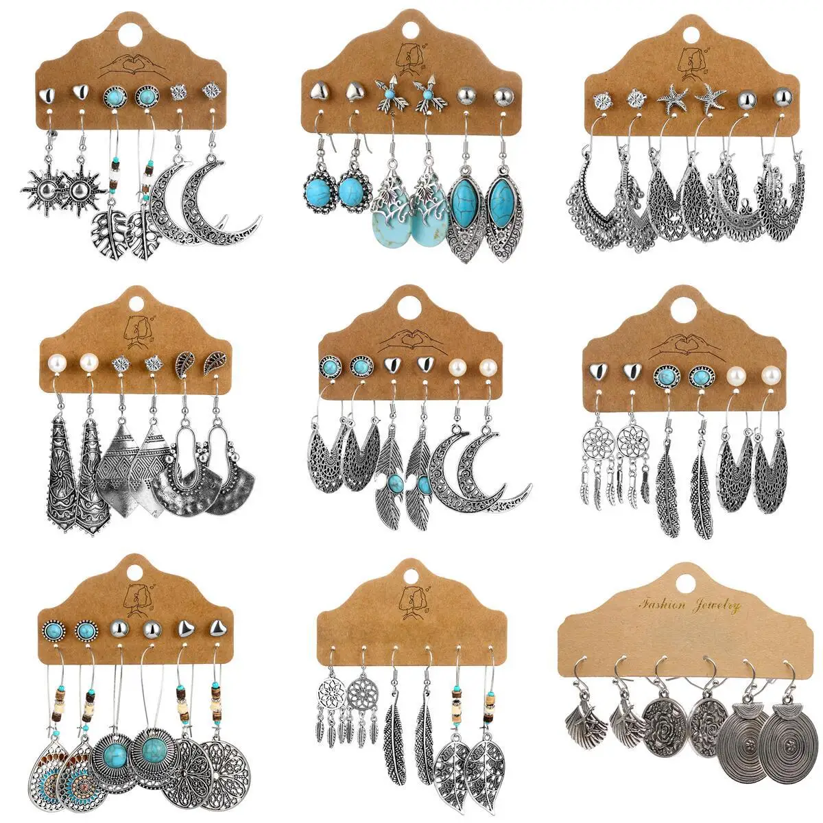 

Aug jewelry Mixed wholesale mixed batch optional semicircle 6 pairs of earrings set boho style bulk retro hollow carved earrings, Picture shows
