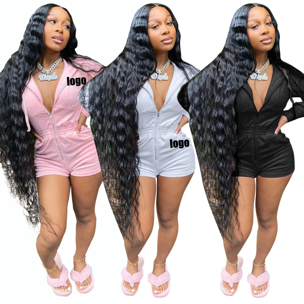 

Custom logo MOQ 1pcs Trendy Casual Ladies One Piece Rompers Long Sleeve Hooded Zipper Plus Size Summer Women Shorts Jumpsuits