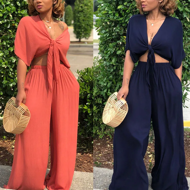 

New Design Wide Leg Pants 2 Piece Set Women Orange Deep V Set Clothing women 2 piece outfit women 2 piece set clothing sexy