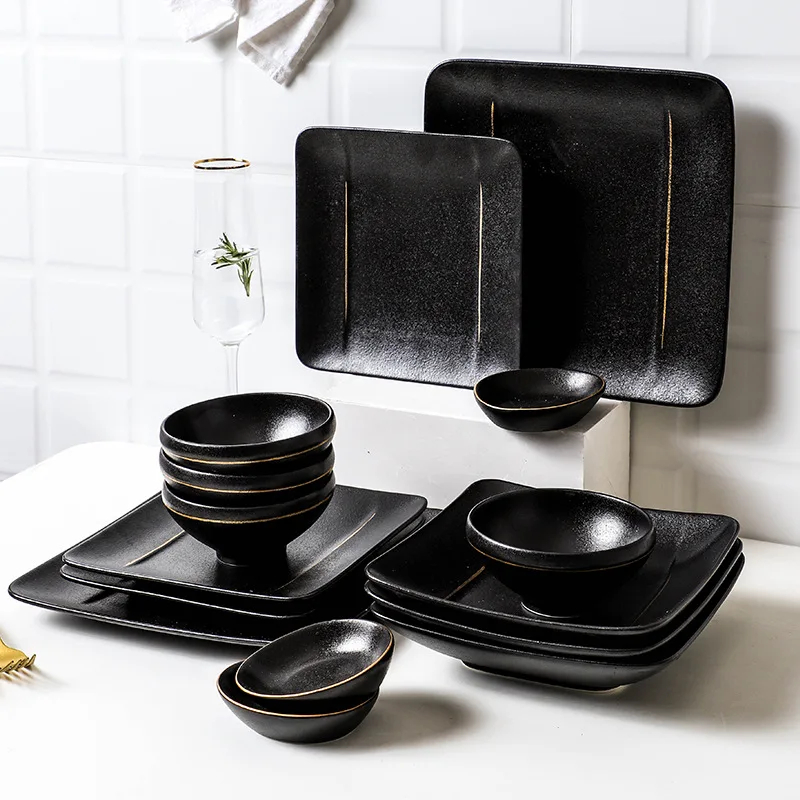 

Simple european style tableware square matte black ceramic pasta steak dinner plates set new design porcelain dinnerware set