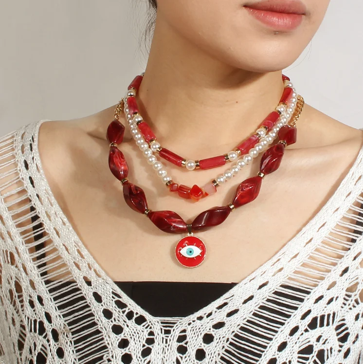 

New Design Multicolored Resin Acrylic Beads link Collar Necklace For Women Statement red Pearl Eye Pendant Choker Necklace