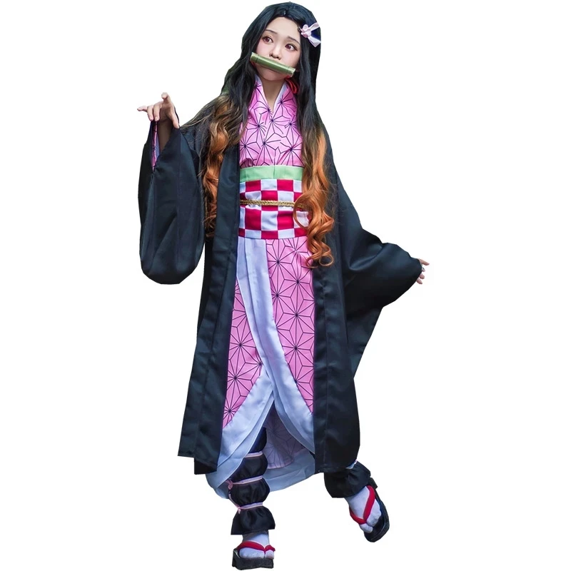 

Full Set Demon Slayer Kimetsu no Yaiba Kamado Nezuko Cosplay Costume Kimono wig Geta Shoes Headwear Japan Anime Halloween Dress