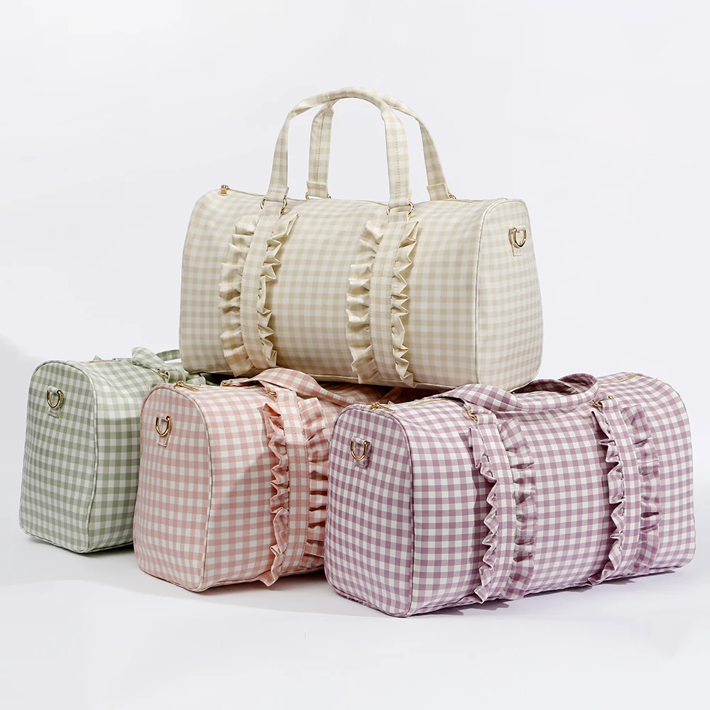 

Hot selling nylon Teenager Weekend Bag Gingham Handbag Travel Ruffle Duffle Bag, Customizable