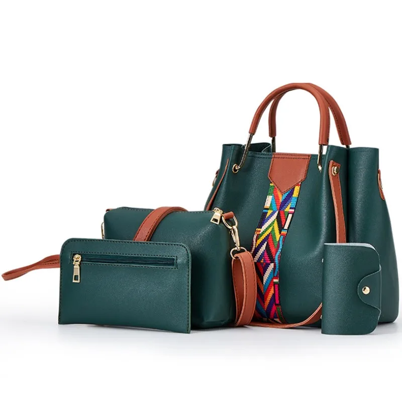 

4 Pcs Set Fashion Ladies Metal Handles Bucket Bags Large Capacity Women Hand Bag Pu Leather Handbags With Stripe Design, Black grey brown red wine pink white green