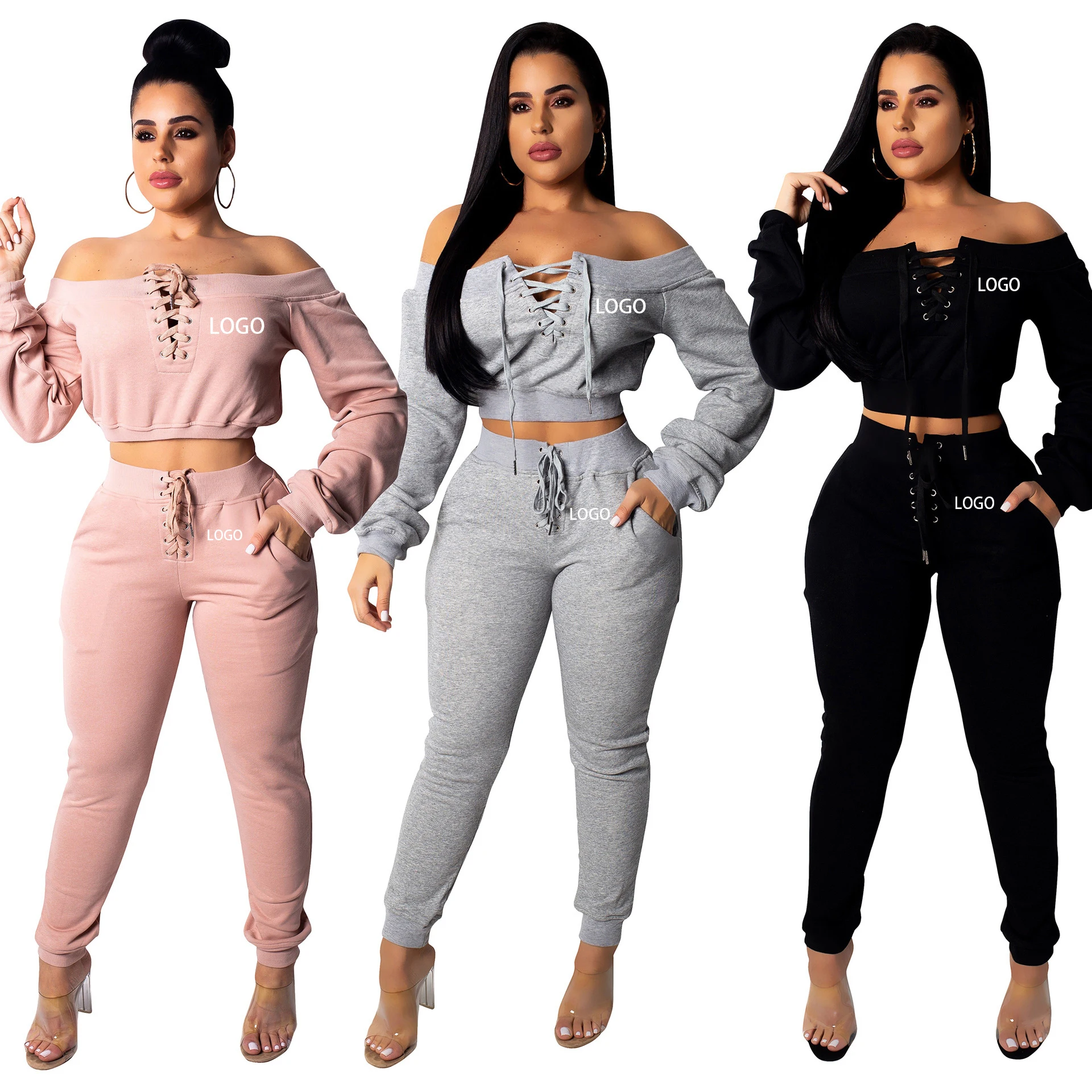 

New Multi-Color 2021 Fashion Casual Suit Thick Solid Color Sweater Women Clothing two piece set jogger sweats, Pink/black/gray