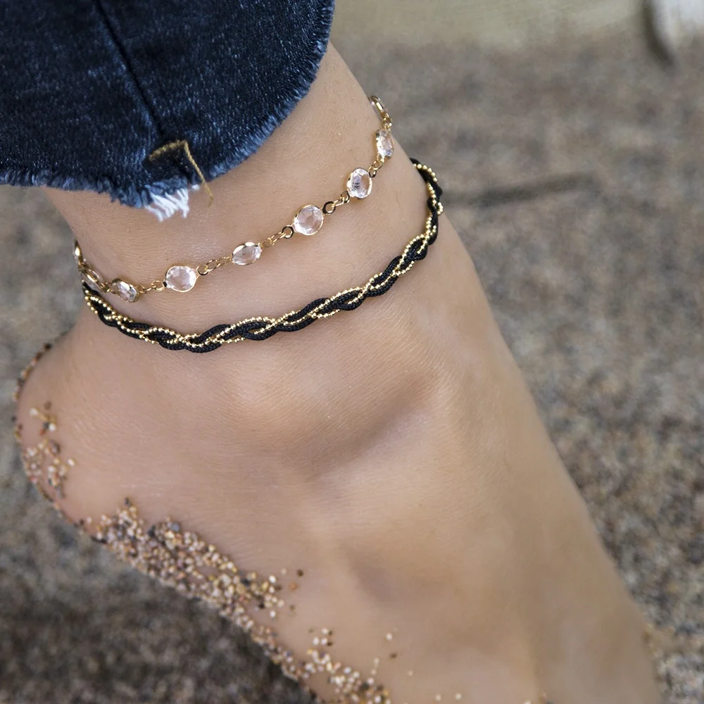 

Fashion Crystal Link Anklet Set 14K Gold link Black Rope Anklet Ladies jewelry 2 Layer New Design Summer Foot Anklets, Gold color