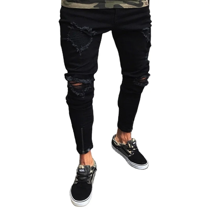 

Hot sales fashion styles black ripped elastic zipper men's feet pants Jeans men's skinny fit cropped jeans cool guy jeans