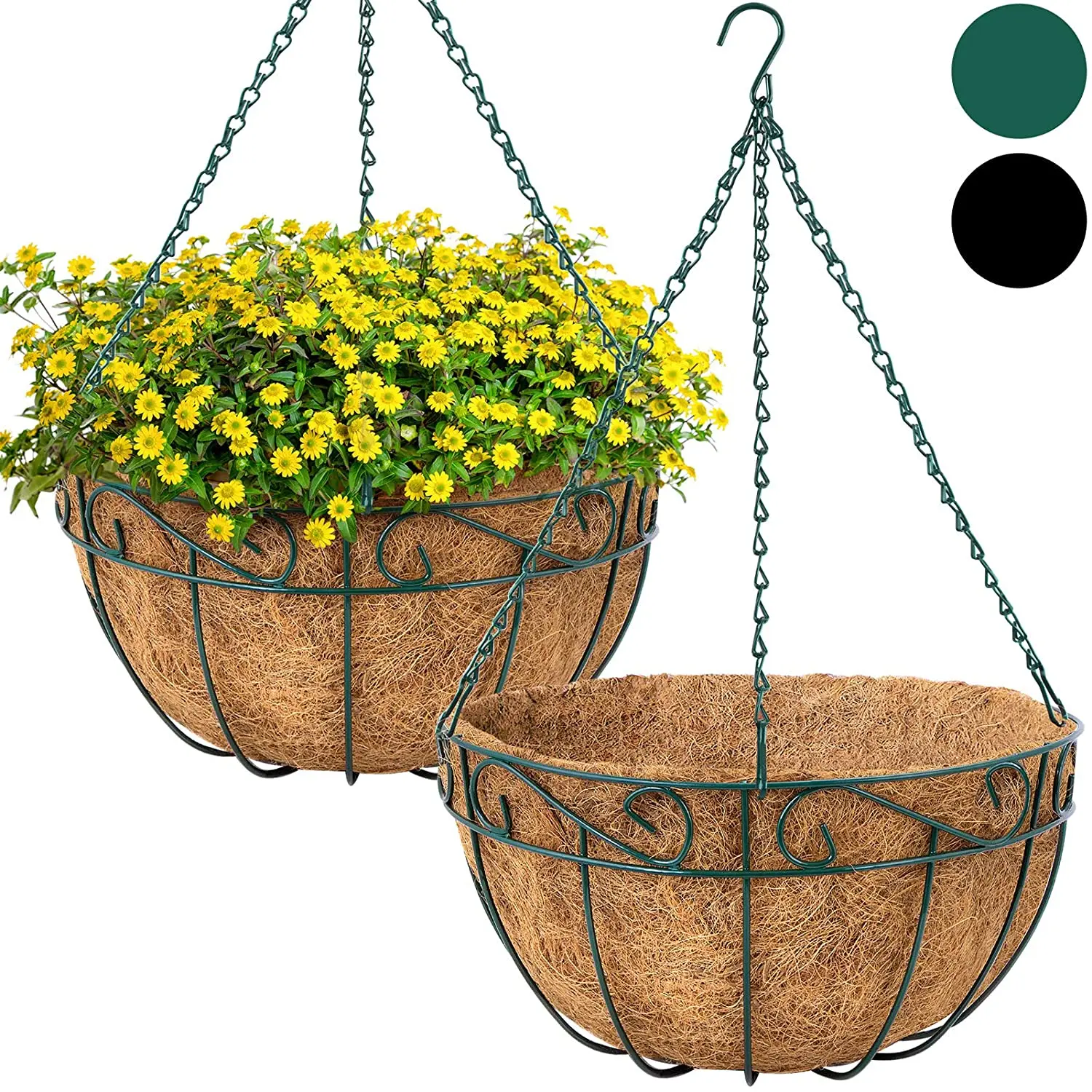 

Green Hanging Plant Planter Baskets with Coco Coir Liner Round Metal Wire Plant Holder with Chain Porch Decor Flower Pots