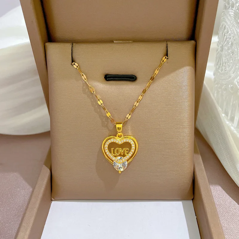 

Stainless Steel Love Shaped Choker Necklace Micro Inlay CZ Hollow Out Heart Pendant Necklace For Gift