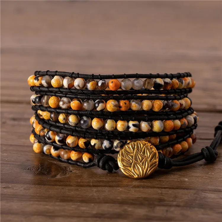 

Yuetong jewelry Bohemia yellow and black fire agate beaded wrap leather bracelet for women