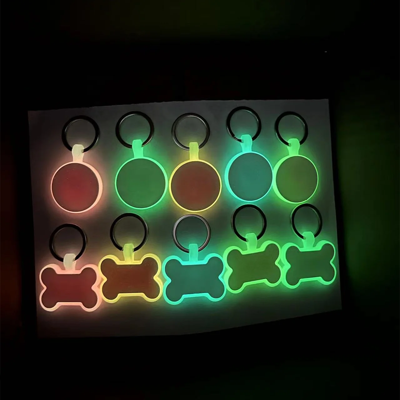 Luminous Glow Double-sided Silicone Pet Dog Tags Pet Collar Charm Bone Shape Round Shape and Hexagonal Shape Fluorescent Tag