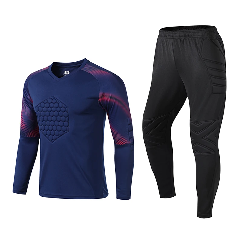 

New Men's Adult Soccer Goalkeeper Uniform Protective Sponge long Sleeve Training Football Goalkeeper Jersey Top and Pants, As picture show