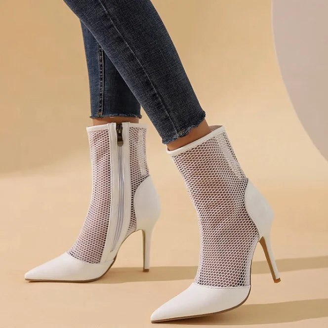 

Fashion Trend Fishnet Shaft Light Weight Women Summer Ankle Boots Side Zip Pointed Toe Solid Short Booty For Lady Plus Size 47, Black,white