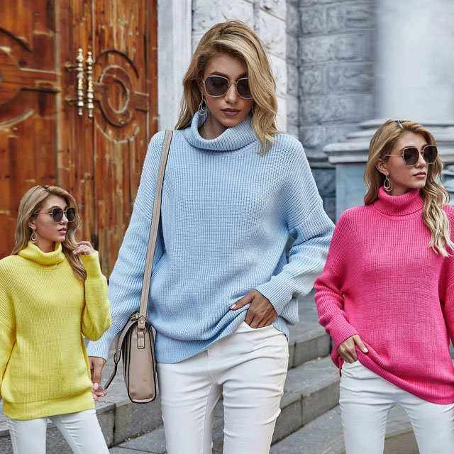 

Women Sweater Turtleneck Comfortable Long Sleeve Pullover Sweater Women Winter Ruffled Loose Sweater