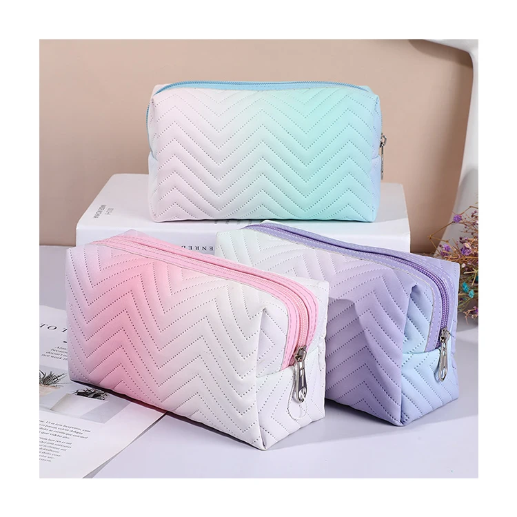 

2022 Stylish Gradual Colorful Women Travel PU Toiletry Wash Organizer Pouch Trendy Big Capacity Zippered Cosmetic Bag, Pink,purple,green or customized