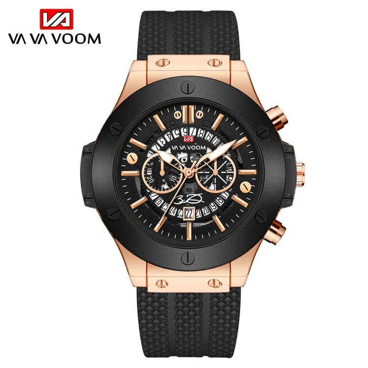 

VAVA VOOM VA-215 Latest Black Silicone Strap Calendar Purple Mens Casual Watch Analog Quartz Sport Watches, As picture