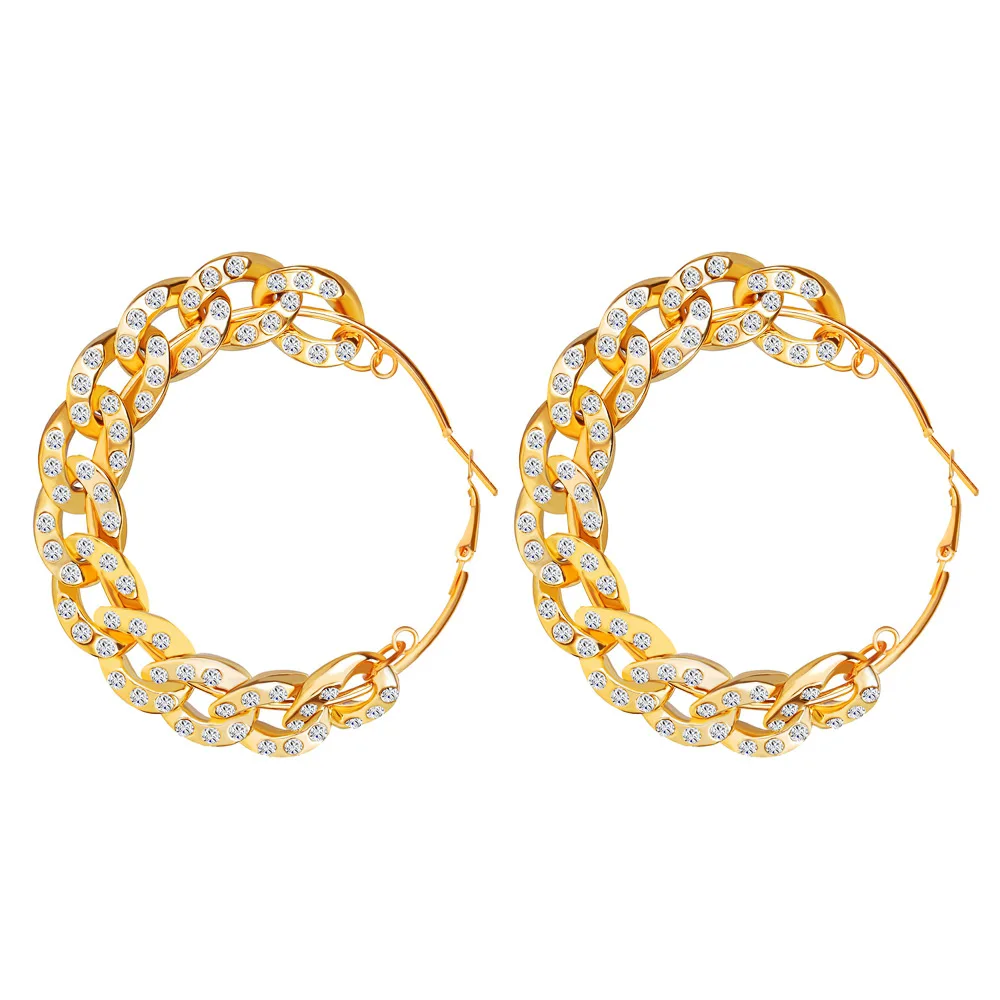 

Wholesale Women Fashion Jewelry New Designs Earings Luxury 14k Gold Plated Custom Big Crystal Chain Hoop Earrings